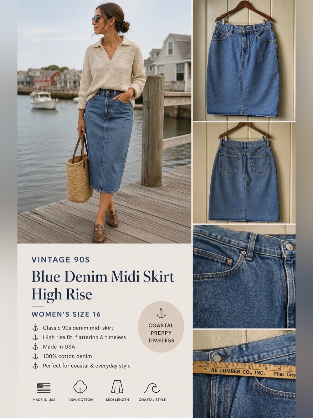 Vintage 90s USA Made Denim Midi Skirt Women 16 High Rise Blue Jean Skirt Normcor